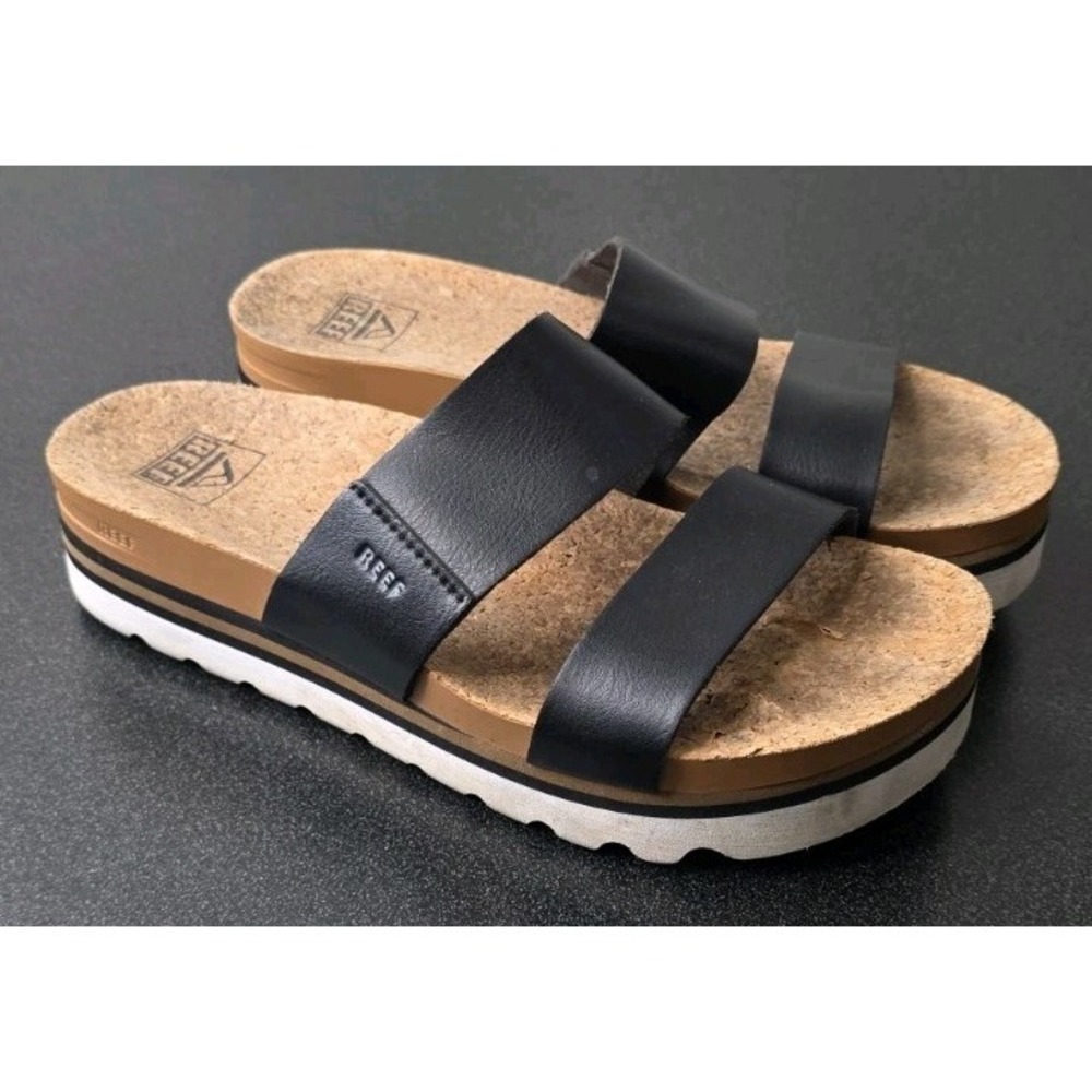 REEF Cushion Vista Hi Black Cork Women 7 Platform Sandals Slip On Beach